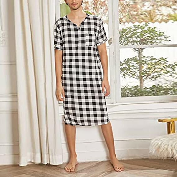 Men's Short Sleeve Nightshirt Loose Pajama Sleep Shirt Soft Comfy Nightgown V Neck Night Sleepwear Bathrobes