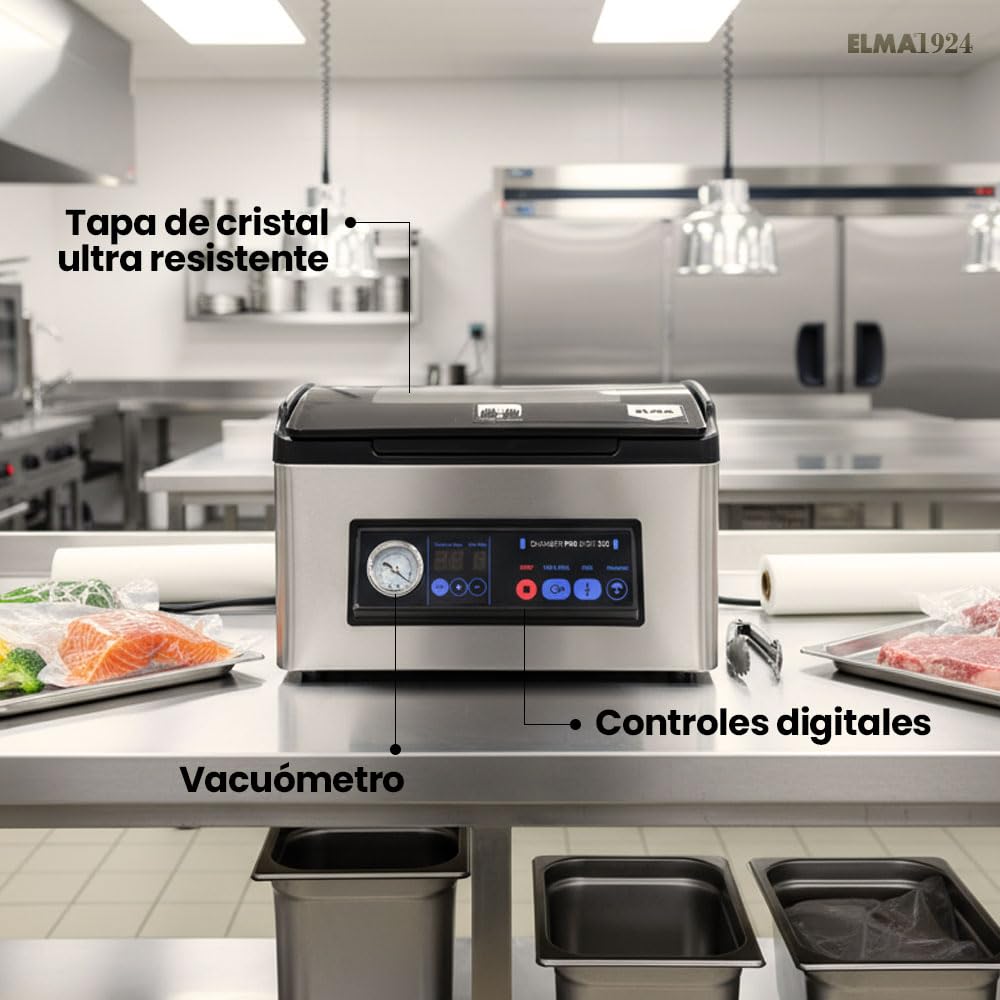 ELMA Envasadora al Vacío Profesional Chamber Pro Digit 300 | Uso Intensivo, Barra de Sellado de 30 cm, Permite Envasar y Sellar con Líquidos, 43 x 36 x 23.5 cm, 350 W, Incluye Bolsas al Vacío