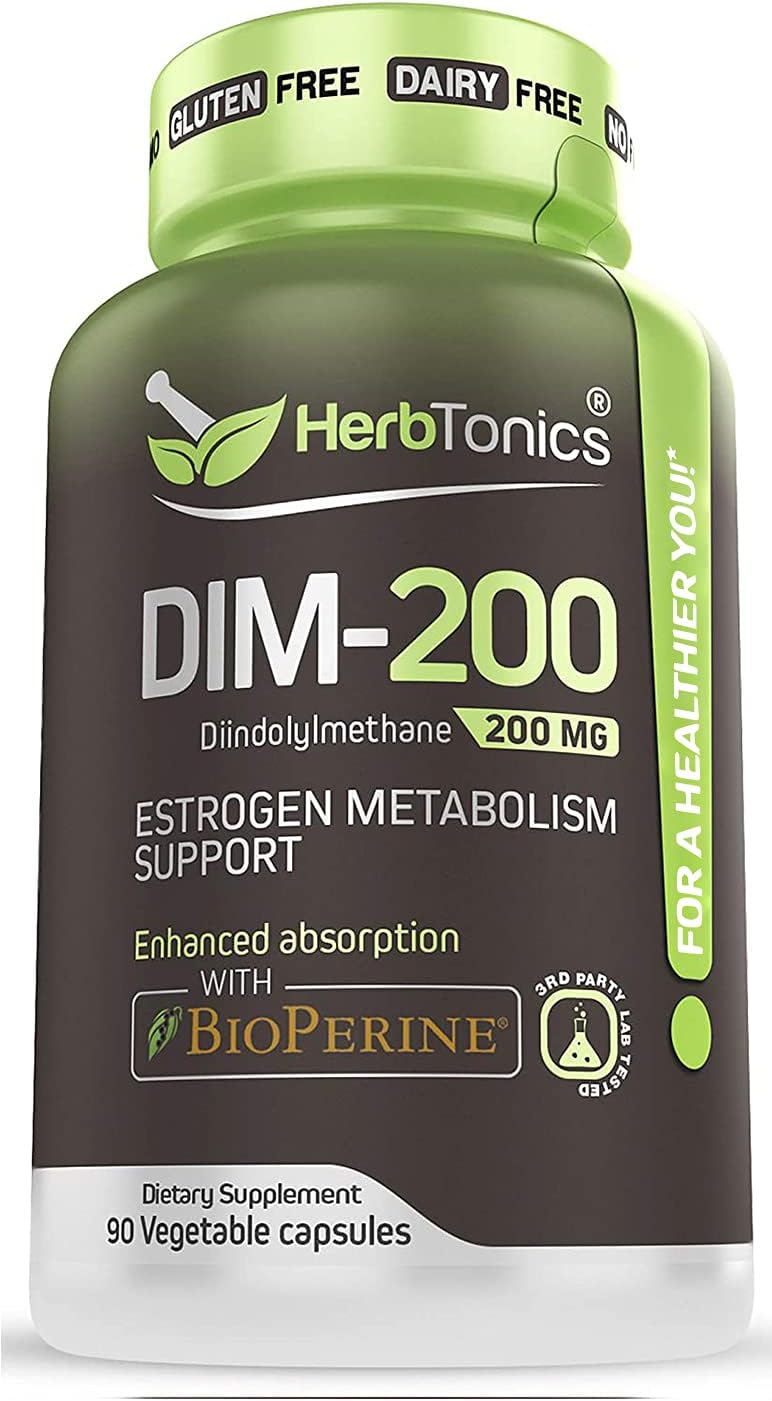 Herbtonics DIM Supplement 200mg - DIM Diindolylmethane Plus BioPerine 90-Day Supply of DIM for Estrogen Balance, Hormone Menopause Relief, Acne Treatment, PCOS, Bodybuilding…