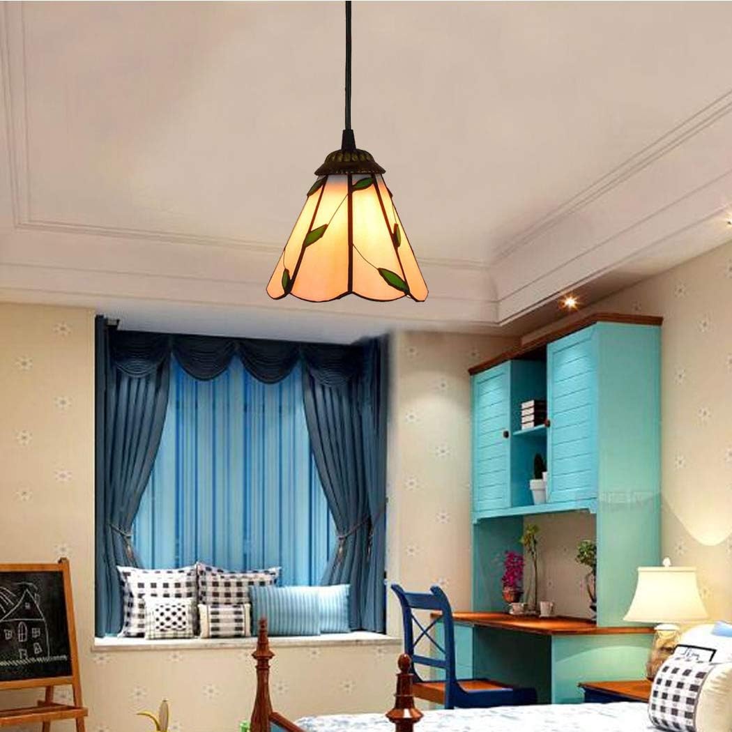 Tiffany Style Pendant Lamp 6 Inch Vintage Mini Stained Glass Green Leaves Shade E27 35 Inch High Pendant Light for Bedroom Living Room 110V-240V