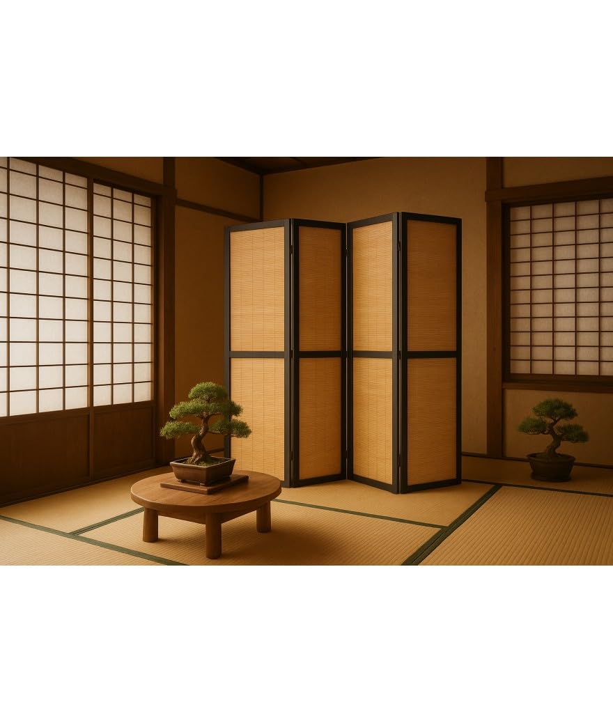 PEGANE Paravent en Bois Noir et Bambou 4 Pans
