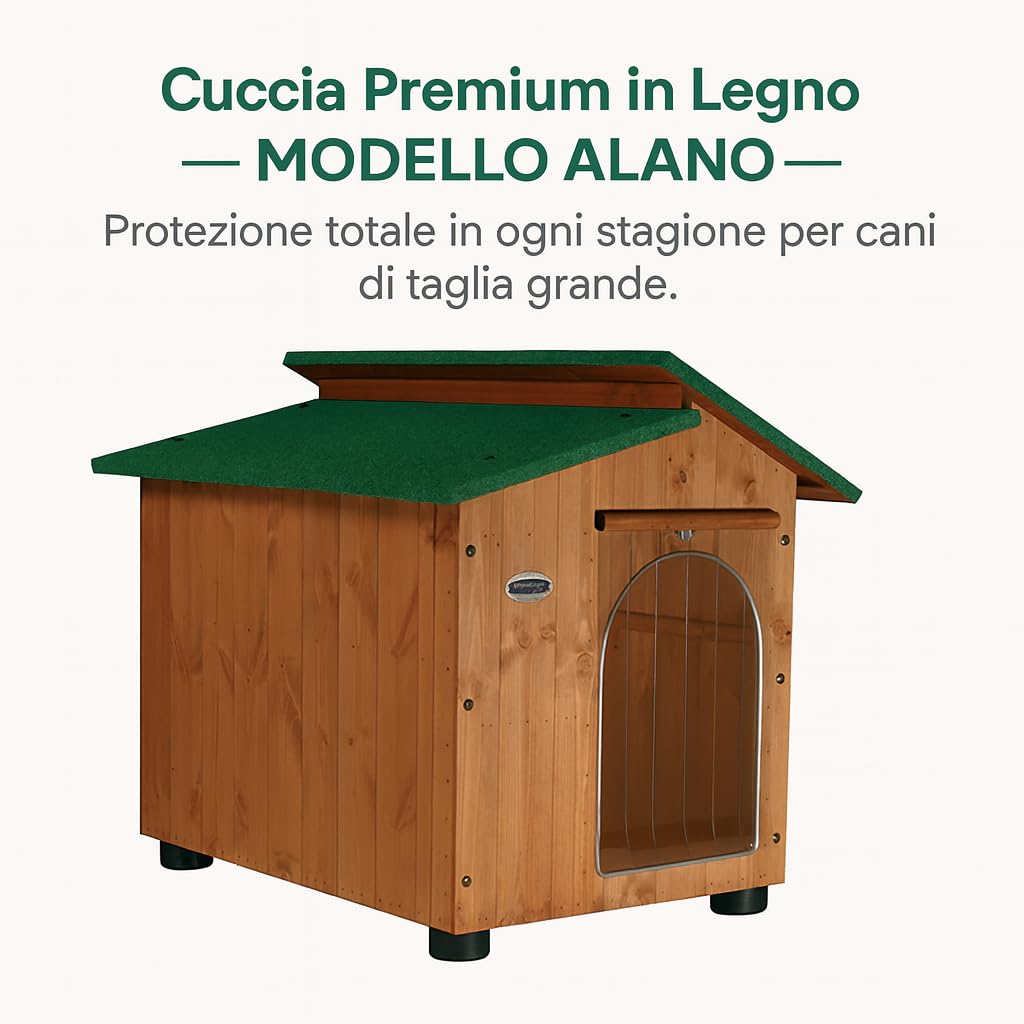 Cuccia in Legno per Cani Modello Setter – Impermeabile, Coibentata, Tetto Apribile, Pavimento Isolato – Pino di Svezia Resistente – Con Tendina Basculante Termica in Omaggio – Misure 70×90×80 cm
