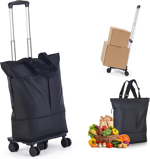 Hivexagon Shopping Trolley,Collapsible Trolley Cart with Waterproof Oxford Bag,Detachable Expandable Shopping Bag with 5 Wheels Foldable Trolley Cart for Shopping TravellingBlack)