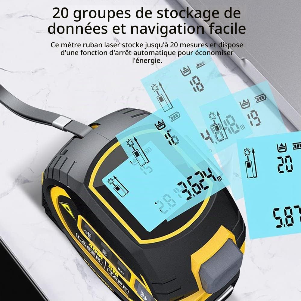 Ruban à mesurer laser 3 en 1, télémètre laser numérique avec écran LCD, mesure laser 40M/131FT, mesure de bande 5M/16FT, surface de mesure/volume/distance/Pythagore