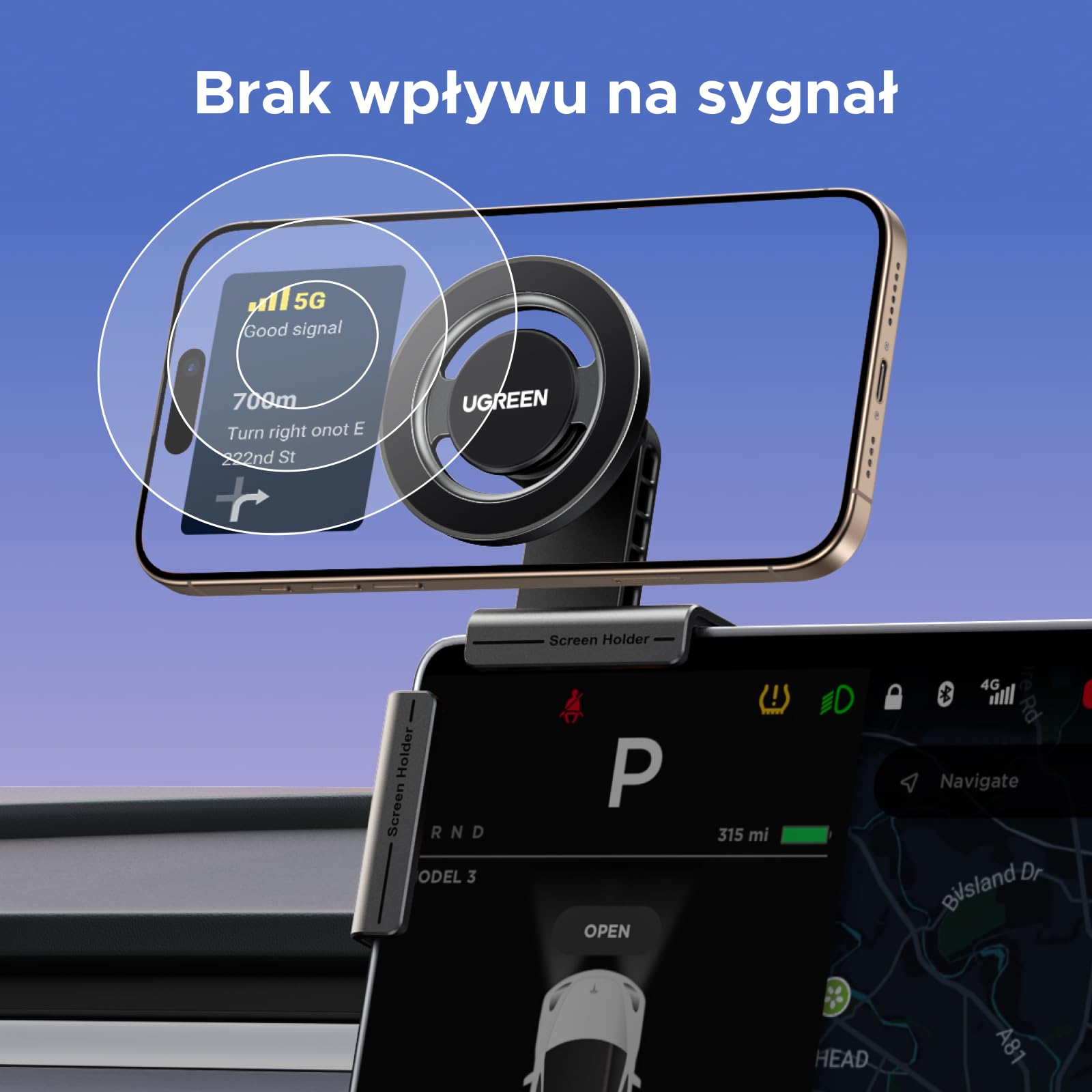 UGREEN MagSafe uchwyt do Tesli 3/Y 360° obr | Kompatybilny z ekranami o grubości 5–11 mm, w zestawie metalowy pierścień, 12 magnesów N52 – siła >18N, montaż beznarzędziowy