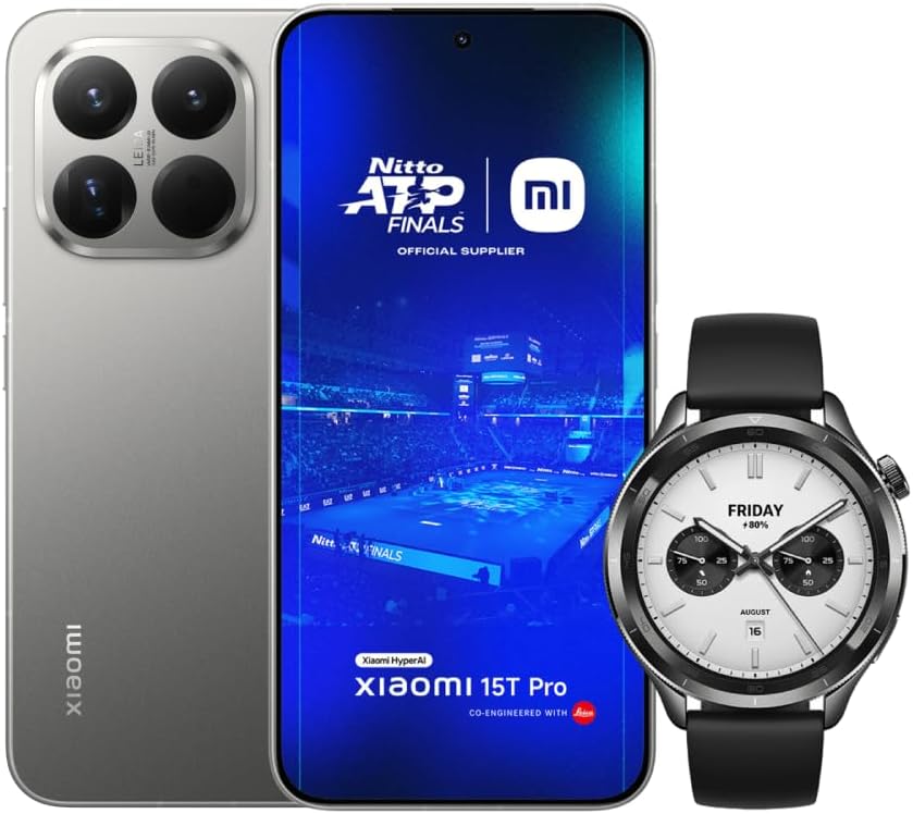 Product image of Xiaomi 15T Pro, Smartphone 12+256GB, Display Eye-care 6,83" 144Hz, MediaTek Dimensity 9400+, Leica 5x Pro 50MP, 5500mAh, Garanzia 2 Anni, Titanio, Caricabatterie non incluso + Xiaomi Watch S4 Nero