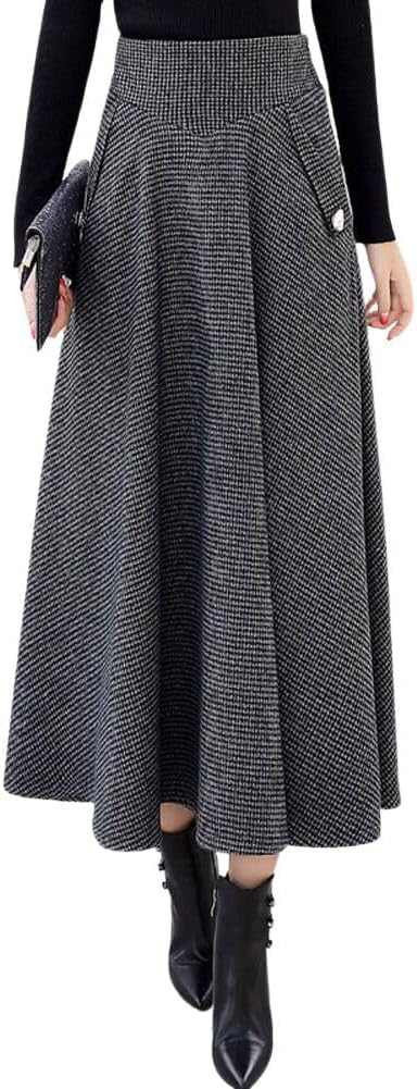 chouyatou Women's Elegant Houndstooth Plaid A Line Pleated Swing Midi Long Wool Skirt with Pockets