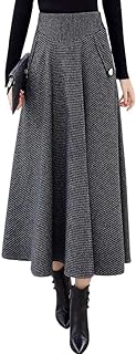 Women's Elegant Houndstooth Plaid A Line Pleated Swing Midi Long Wool Sk...