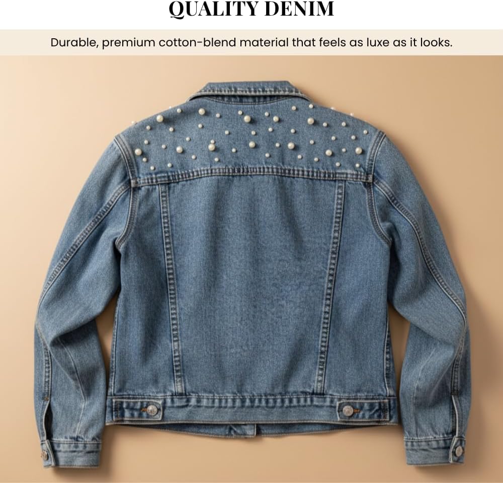 Women Denim Jean Jacket with Pearls – Stylish & Comfortable Outerwear | Classic Denim Jacket for Girls & Ladies