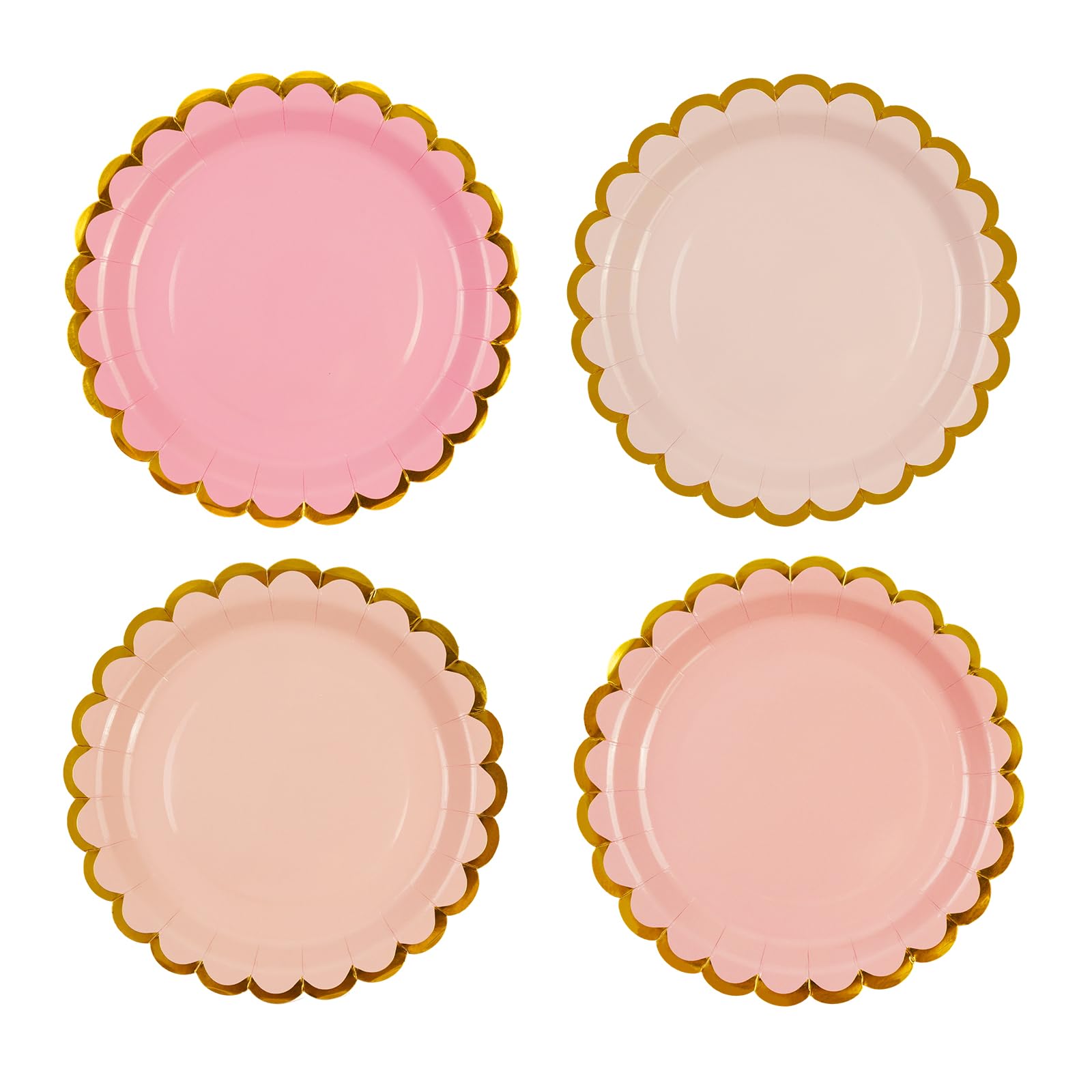 DHAIQC 48PCS Pink Paper Plates 7 Inch, Gradient Pink Scalloped Party Plates with Gold Foil Edge Disposable Dessert Cake Plate for Baby Shower Wedding Birthday Supplies