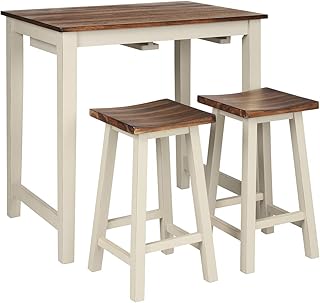 COSTWAY 3 Piece Bar Table Set, Space Saving Dining Table with 2 Rubber Wood Saddle Stools, Footrest and Non-slip Pads, Breakfast Kitchen Table Chairs Set for Dining Room Pub