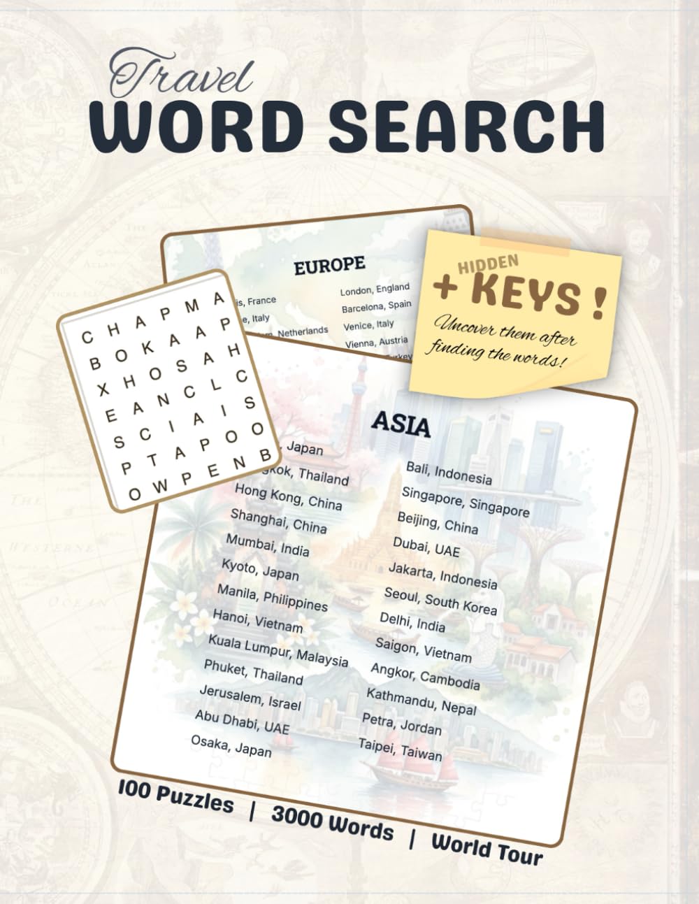 Travel Word Search Puzzle Book: 100 Destinations | Hidden Keys: World Geography Brain Games with Solutions | United States, Europe, Asia, Africa, and More + Hidden Keys