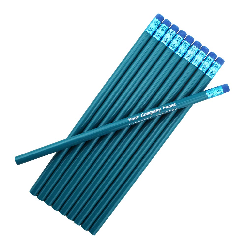 ezpencils Personalized Pencil Bulk – Round Pencils – Cyan Color Barrel (Body), Eraser and Ferrule – Package of 50 - FREE PERSONALIZATION - 2HB Black