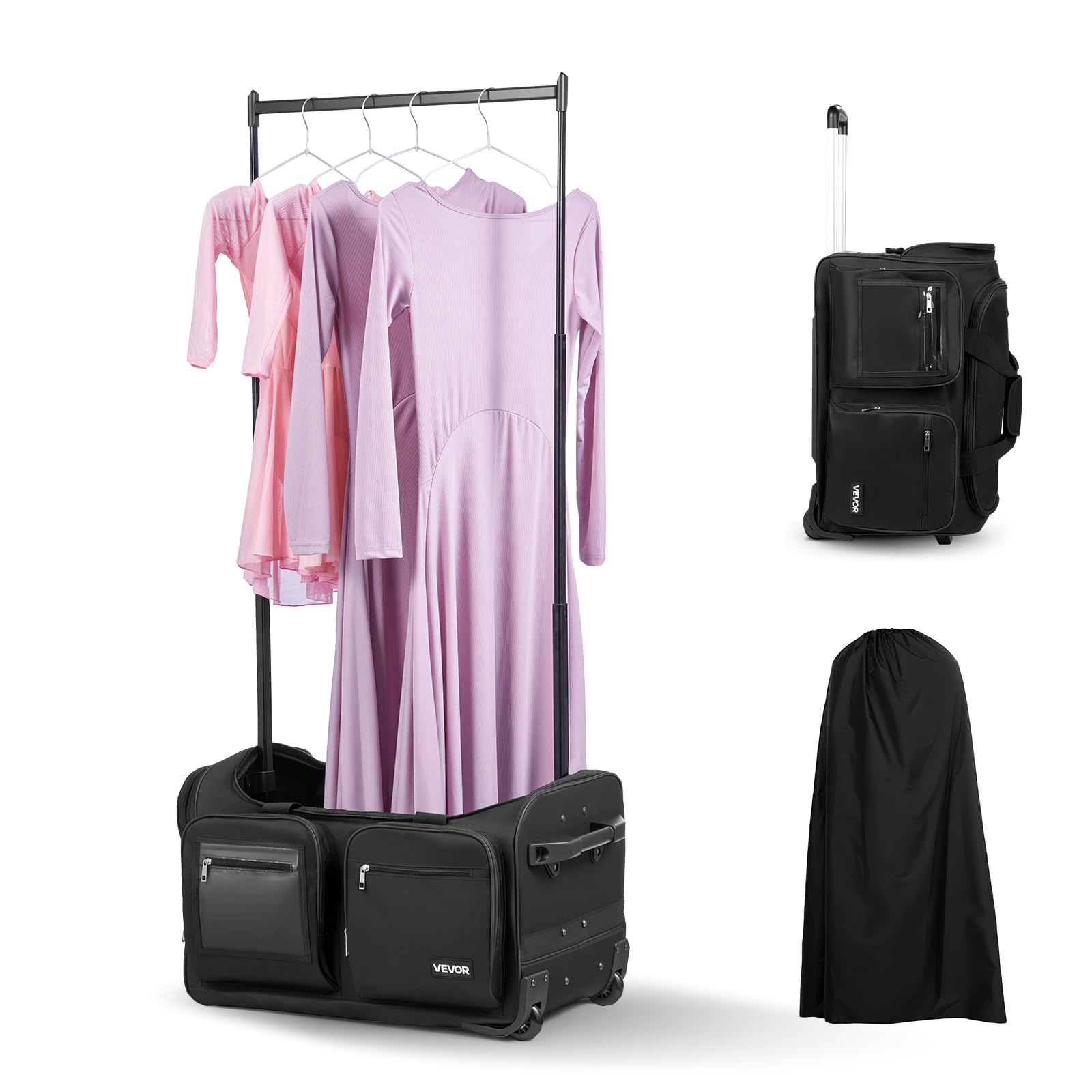 VEVOR Bolsa de Baile, con Perchero Ajustable en Altura, con Ruedas de 584,2 mm, Puerto USB, Cortina de Privacidad, para Viajes y Competiciones, Tejido Oxford 600D Laminado con PVC, Negro Mate