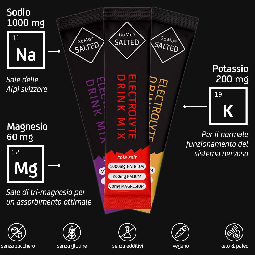 GoMo SALTED Hydration Aid | Elettroliti senza zucchero | migliore assorbimento dell'acqua e idratazione rapida | 30 porzioni singole di polvere elettrolitica con sale alpino svizzero | Gusto misto