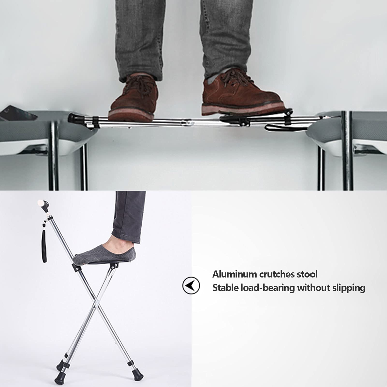 Asiento de caña plegable, silla de muleta ajustable de altura con luz LED, asiento de aleación de aleación de aluminio antideslizante para personas mayores, discapacitados mayores, base antideslizante
