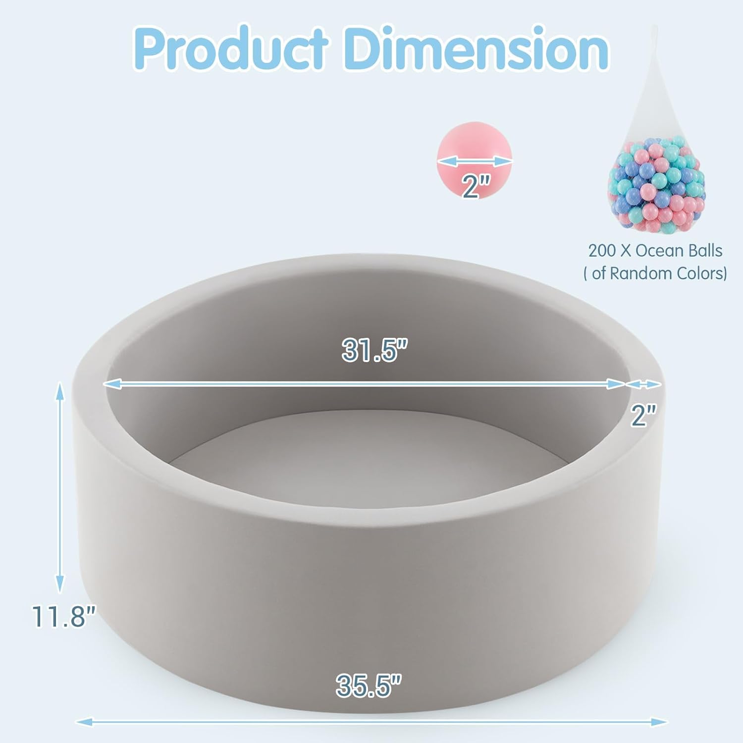 INFANS Foam Ball Pit for Toddlers with 200 Balls, 36"x 12" Large Round Ball Pool Playpen with Soft Memory Sponge Pad, BPA Free, Ideal Gift for Kids Babies Indoor Outdoor (Gray)