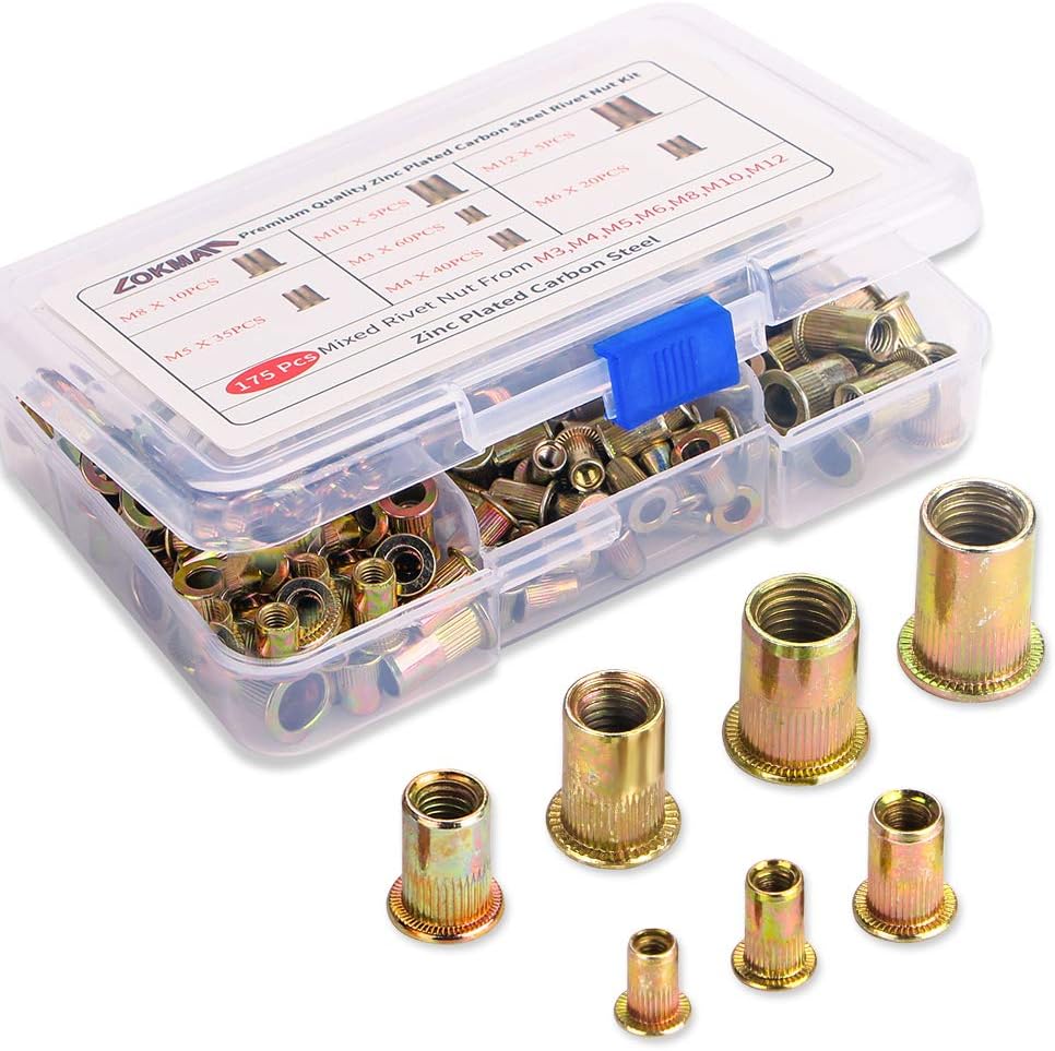 LOKMAN 175PCS Metric Rivet Nut Kit Carbon Steel Flat Head Threaded Insert Nut Assorted in M3 M4 M5 M6 M8 M10 M12, Knurled Body (Rivet Nut Kit 1)