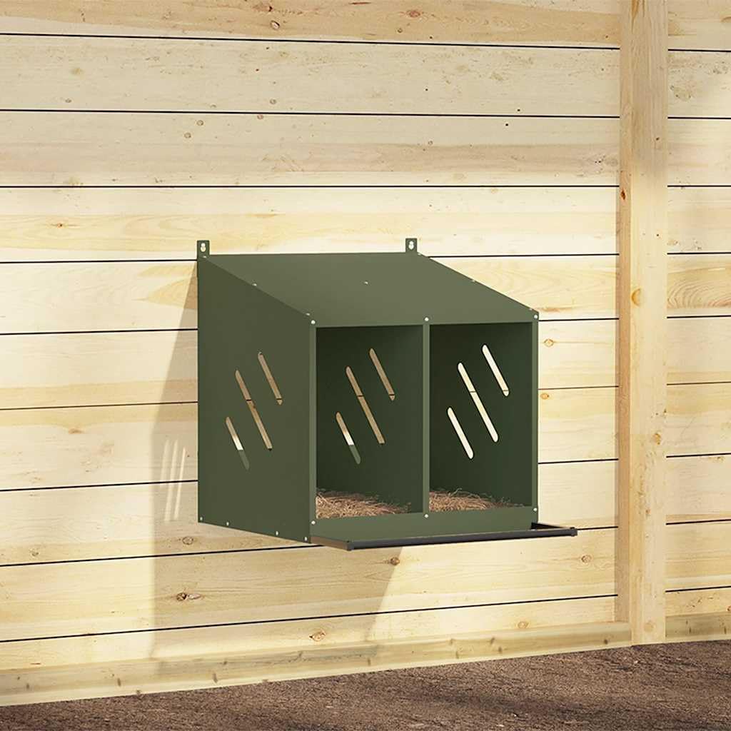 Brokky 864347 Nido per Polli con 2 Scomparti in Metallo Verde Oliva Nido per Galline Ovaiole,Ideale Pollaio Interno ed Esterno Tetto Spiovente