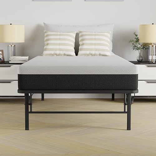 Miniatura 5 de BestMassage Base de cama plegable, marco de cama plegable de metal de 14 pulgadas con almacenamiento debajo de la cama, marco de acero resistente,