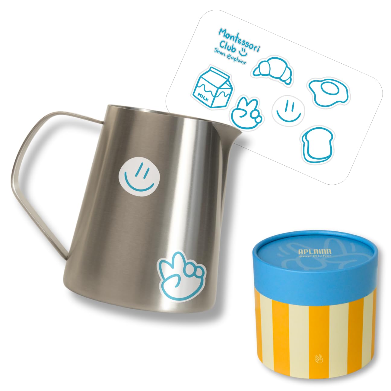 APLAINR Montessori Pitcher for Toddlers & Kids, Mini Stainless Steel Pitcher for Children, Small Milk & Water Jug for Montessori Pouring Practice, Personalize with Stickers, 11 fl oz, 3.8 inch High
