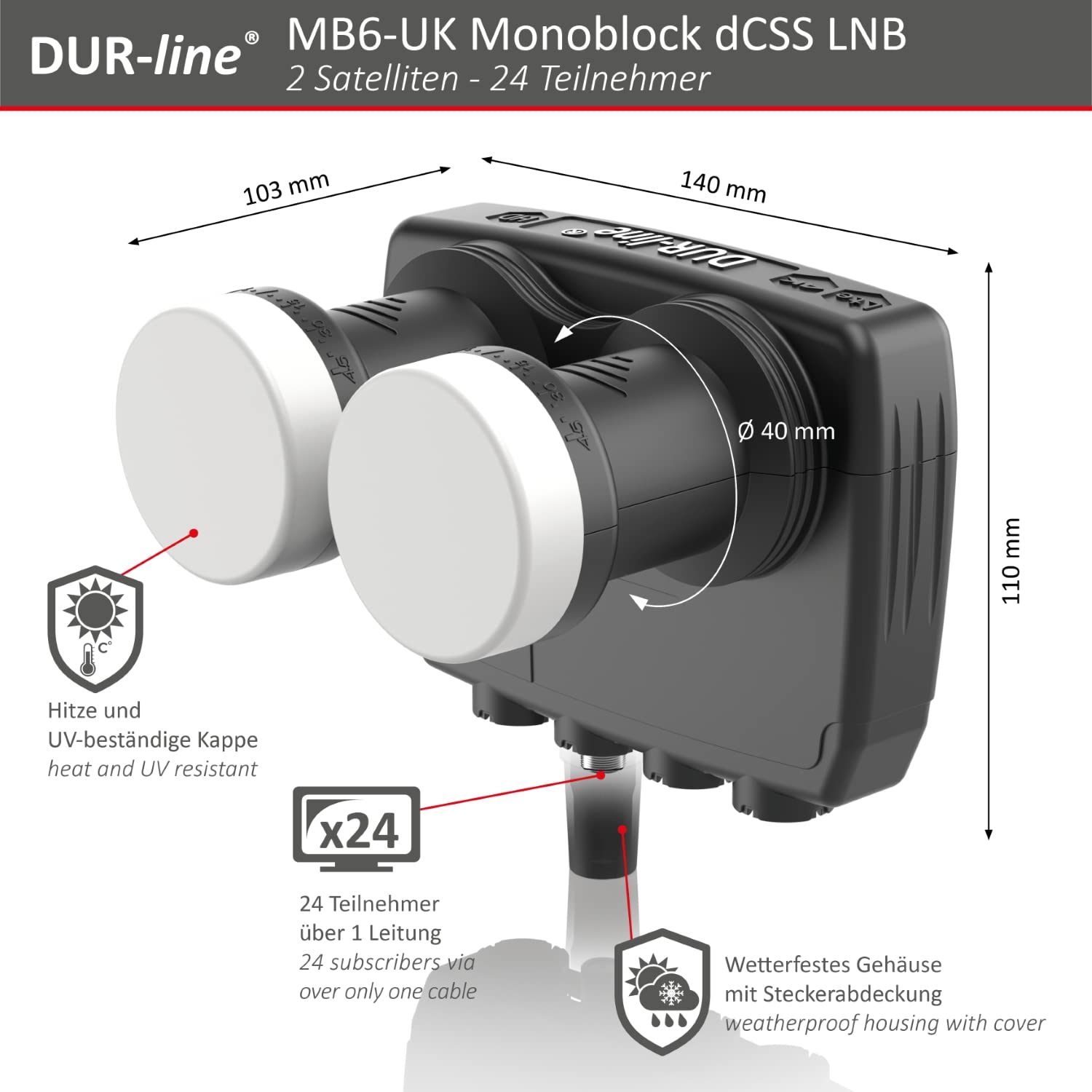 DUR-line 6° Monoblock Unicable LNB – Astra 19,2°E + Hotbird 13°E – 24 participantes y 2 satélites (MB6-UK) – Doble LNC con función de cable – Full HD, 4K, 8K, 3D – Resistente a la intemperie +