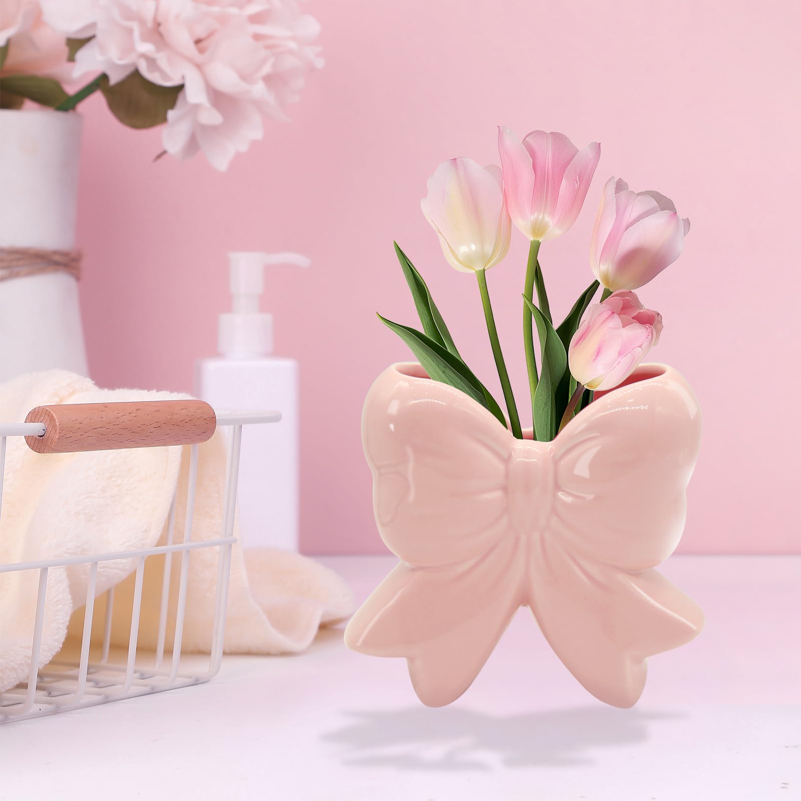 Coquette Vase Bow Portapenne in Ceramica Portapenne per Trucco, Design Contemporaneo Decorativo Donna Regali per Casa Ufficio Scaffale Tavolo Soggiorno Classico Rosa
