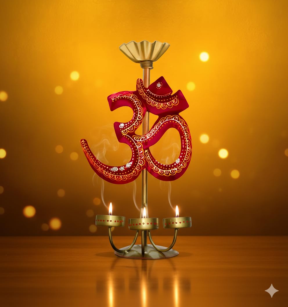 OM Symbol Diya & Candle Tea Light Holder | Mandir & Puja Decorative Showpiece | Hand Painted Festive Diwali Gift-image-36