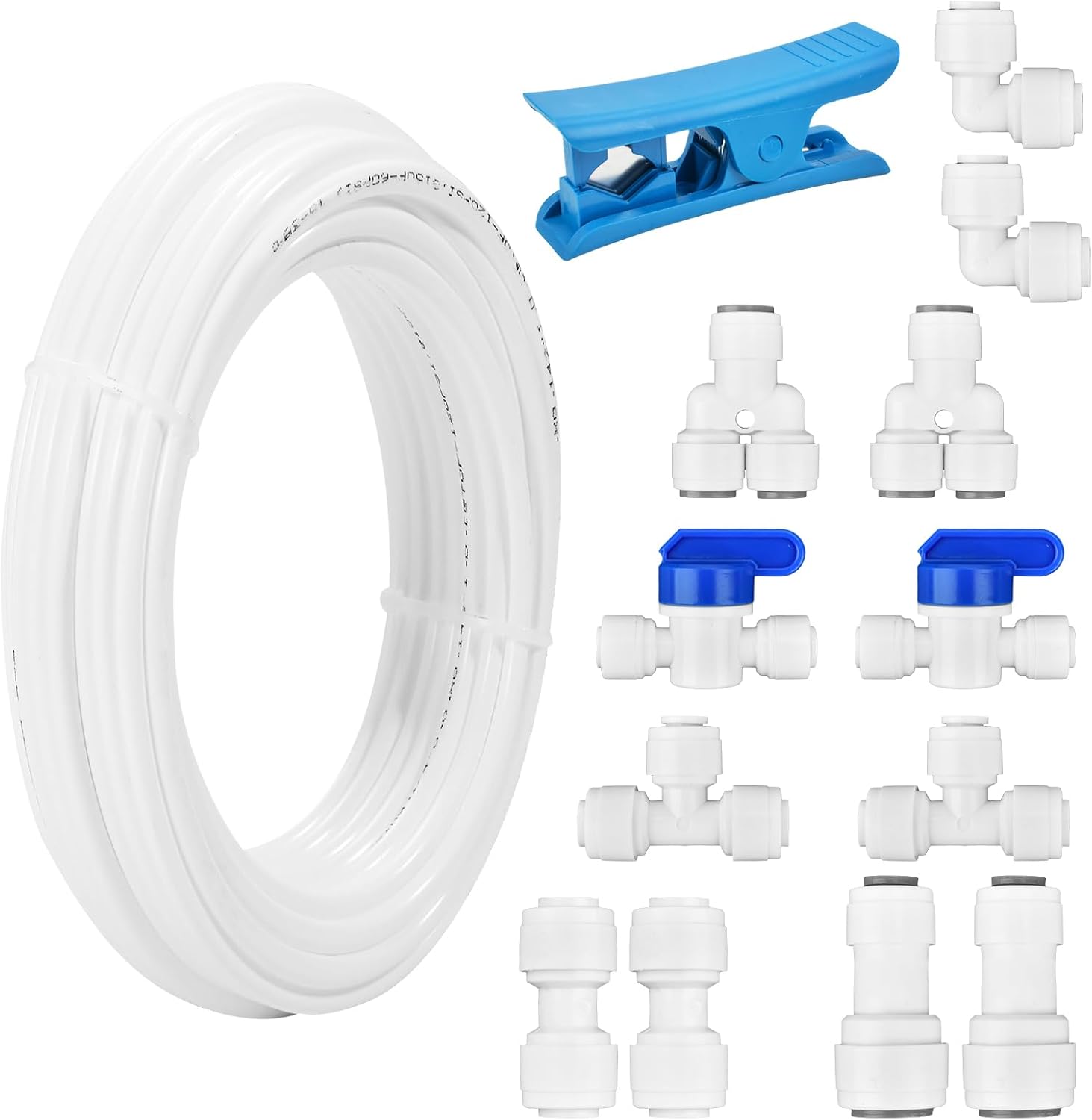 Quick Connect Fittings Set With 1/4" to 3/8" Tube OD Push Fit + Ball Valve + T/I/L/Y Fitting + 32.8 ft Tubing + Tube Cutter for RO Water Systems Purifiers Filters