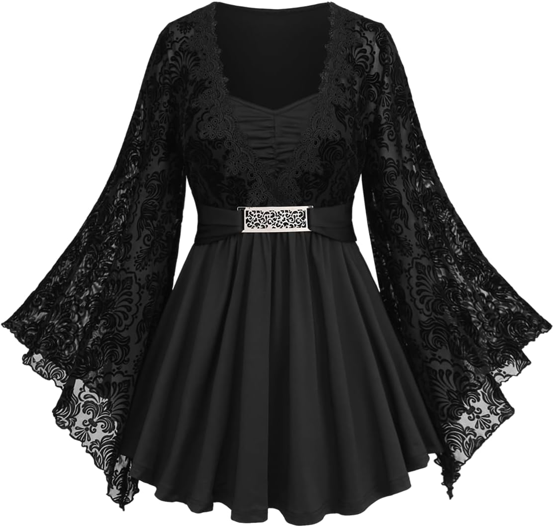 ROSE GAL Womens Plus Size Lace Applique Trim Ruched Buckle Flocking Floral Long Flare Sleeve 2 in 1 Flowy Top