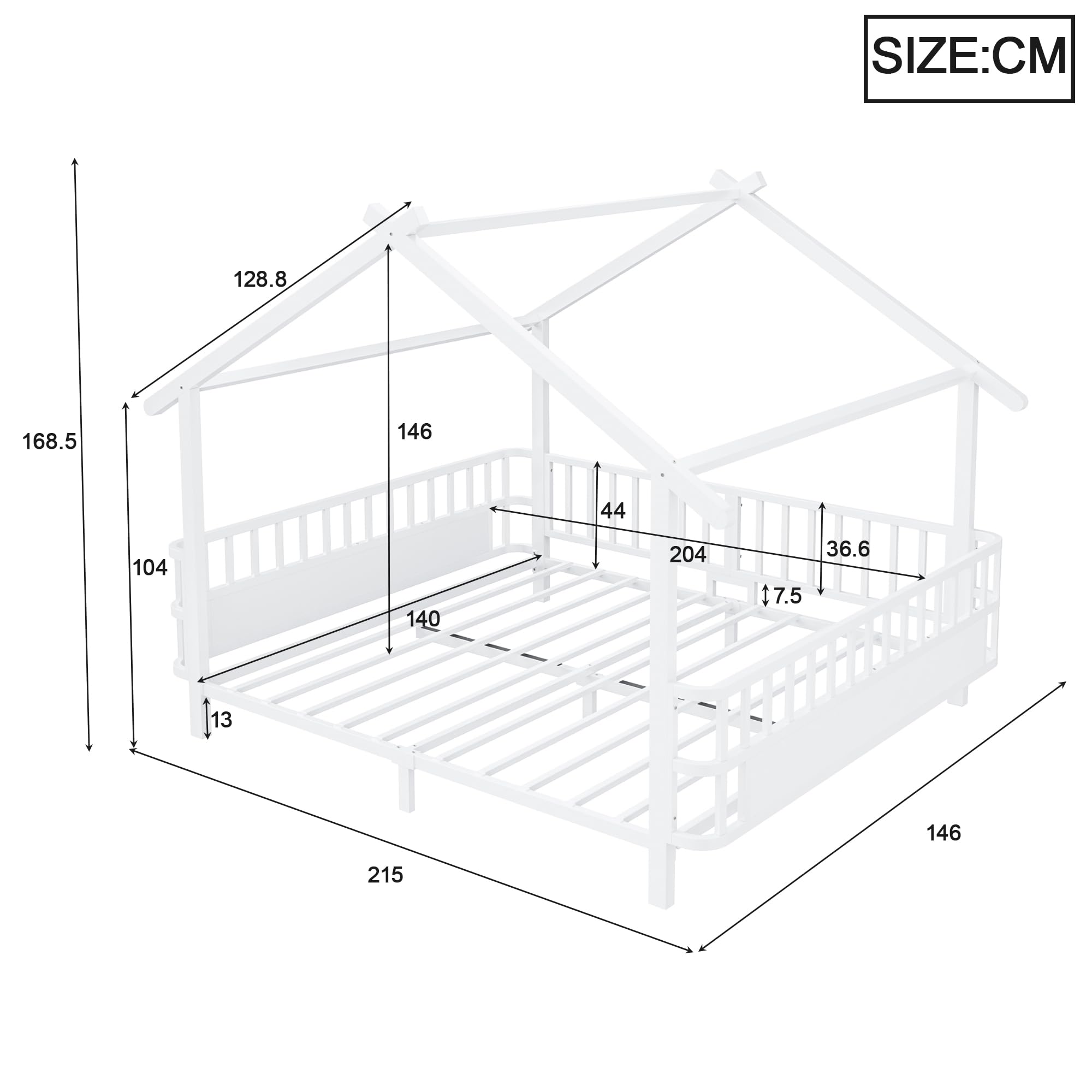 Merax Kinderbett aus Metall in Hausform 140x200 cm mit Sicherheitsgitter & Dachdesign – Weiß (Ohne Matratze)