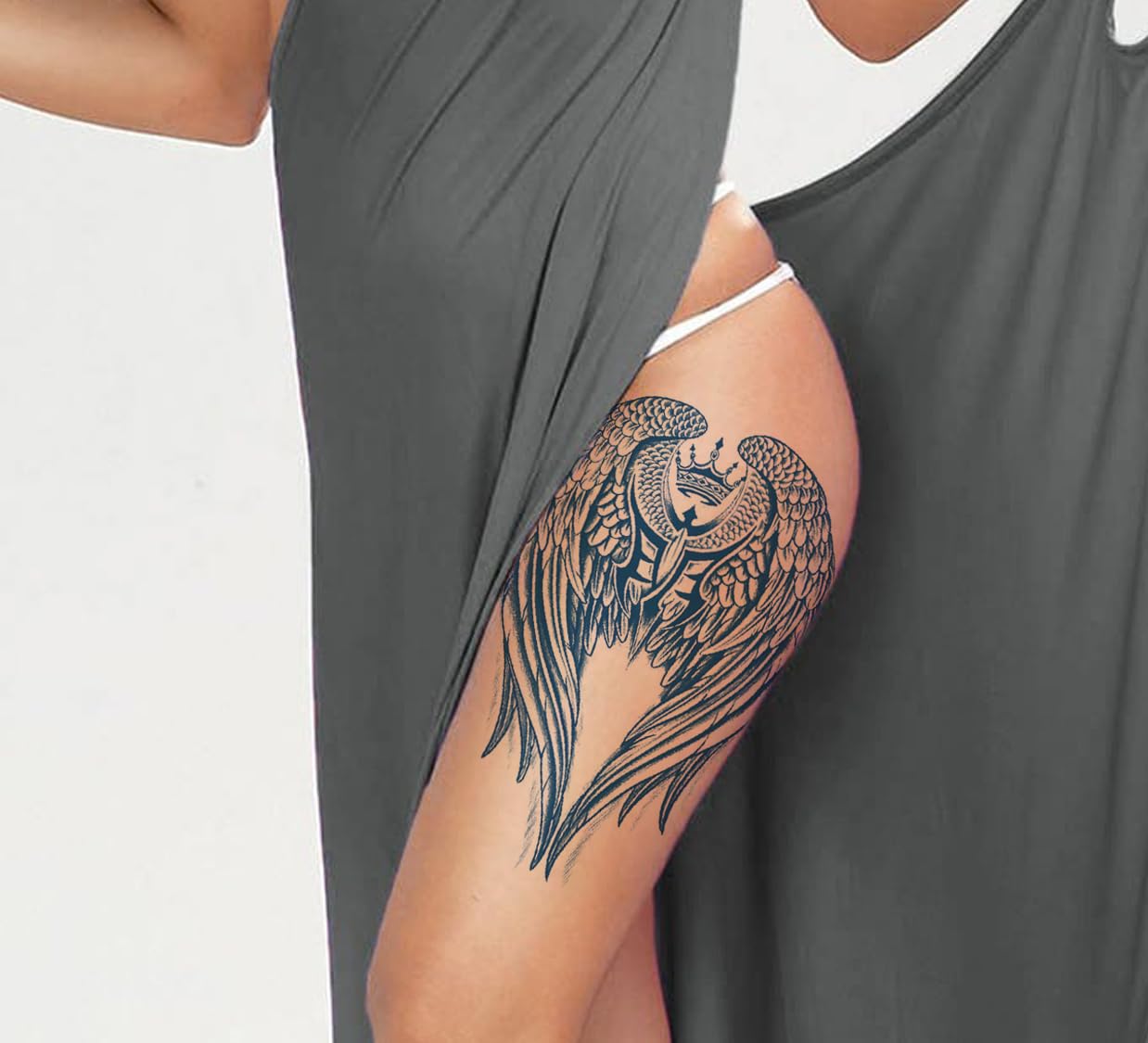 Semipermanent Temporary Tattoo Stickers 20-25 days Lifespan For Men Women Boys & Girls Waterproof 3D Realistic Large Winged Crown Tatto Sticker Blue Coloured Temp Watertransfer Size-18X11cm GZ-483