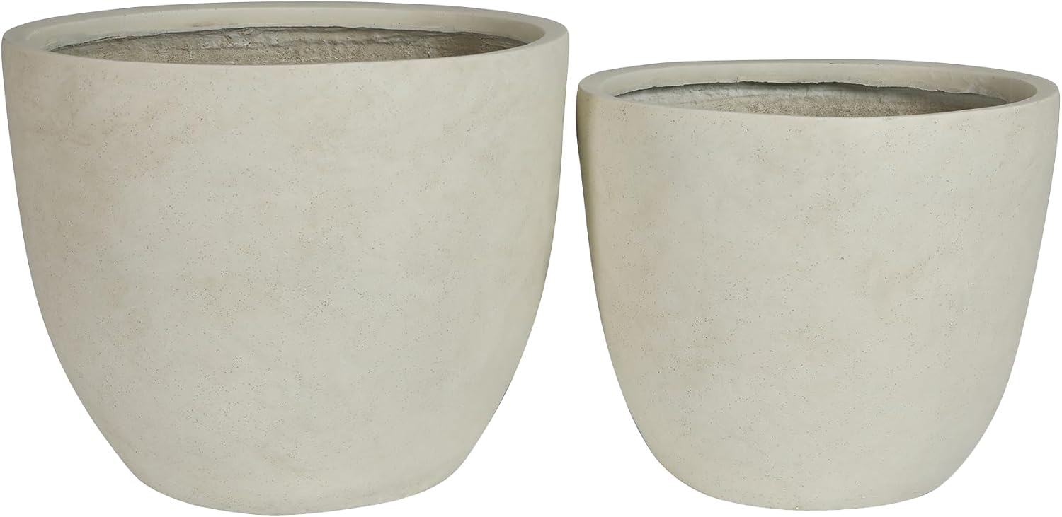 Large White Concrete Planter Set of 2, 15" & 18" Round Pots with Drainage Holes, Heavy Duty Outdoor Decor for Front Porch, Entryway, Patio, Garden