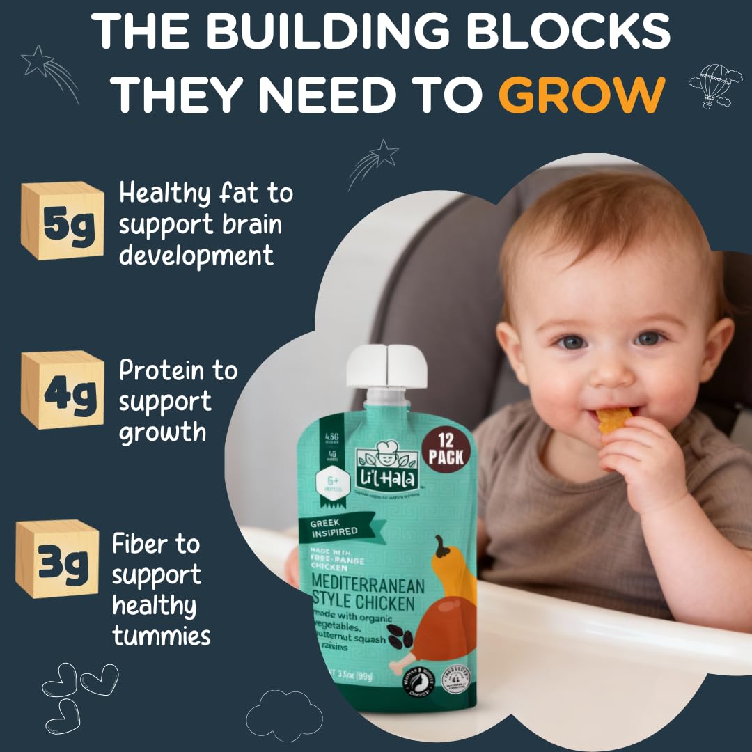 Li’l Hala Foods - Baby Meat Pouches - Mediterranean Chicken – Free-Range Chicken & Organic Veggies – Toddler Meals with Meat – Protein & Healthy Fats Puree – No Hormones – 6+ Months – 3.5 oz (12 Pack)