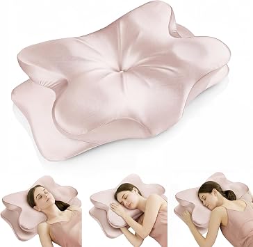 Cervical Neck Pillow for for Neck Support,Ergonomic Memory Foam Contour Pillow with Wrinkle-Resistant Silky Satin Fabric Cover,Orthopedic Bed Pillow for Side,Back,Stomach Sleepers,Pink