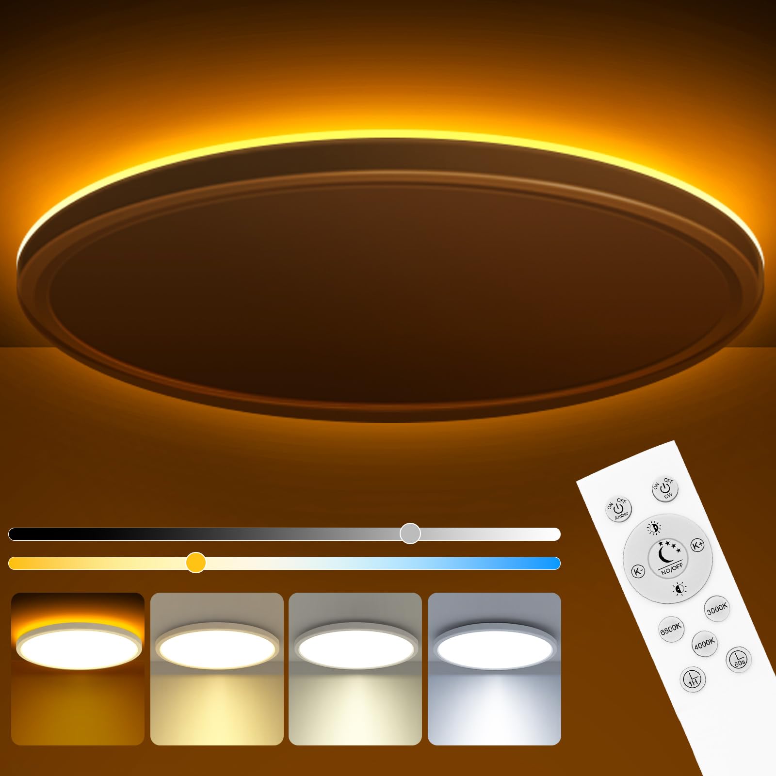 zemty 15 Inch LED Ceiling Light with Night Light 1800K, 3000K/4000K/6500K Dimmable Ceiling Light Fixtures with Remote Control, Low Profile Ceiling