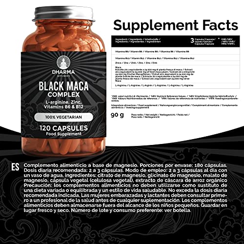DHARMA Maca Negra Andina 100% natural | Para hombre y mujer | Extracto Equivalente a 24.000 mg de Maca Planta concentrada 20:1 con L-Arginina, Zinc, Vitamina B6 y B12 | 120 cápsulas vegetales