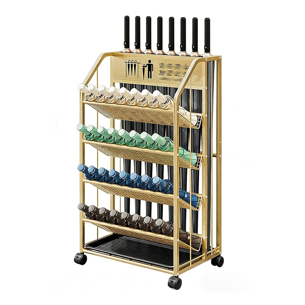 WXPGFEQ Freestanding Umbrella Stand, Metal Storage Rack with Removable Drip Tray, Multi-Purpose Mesh Holder for Office and Entryway