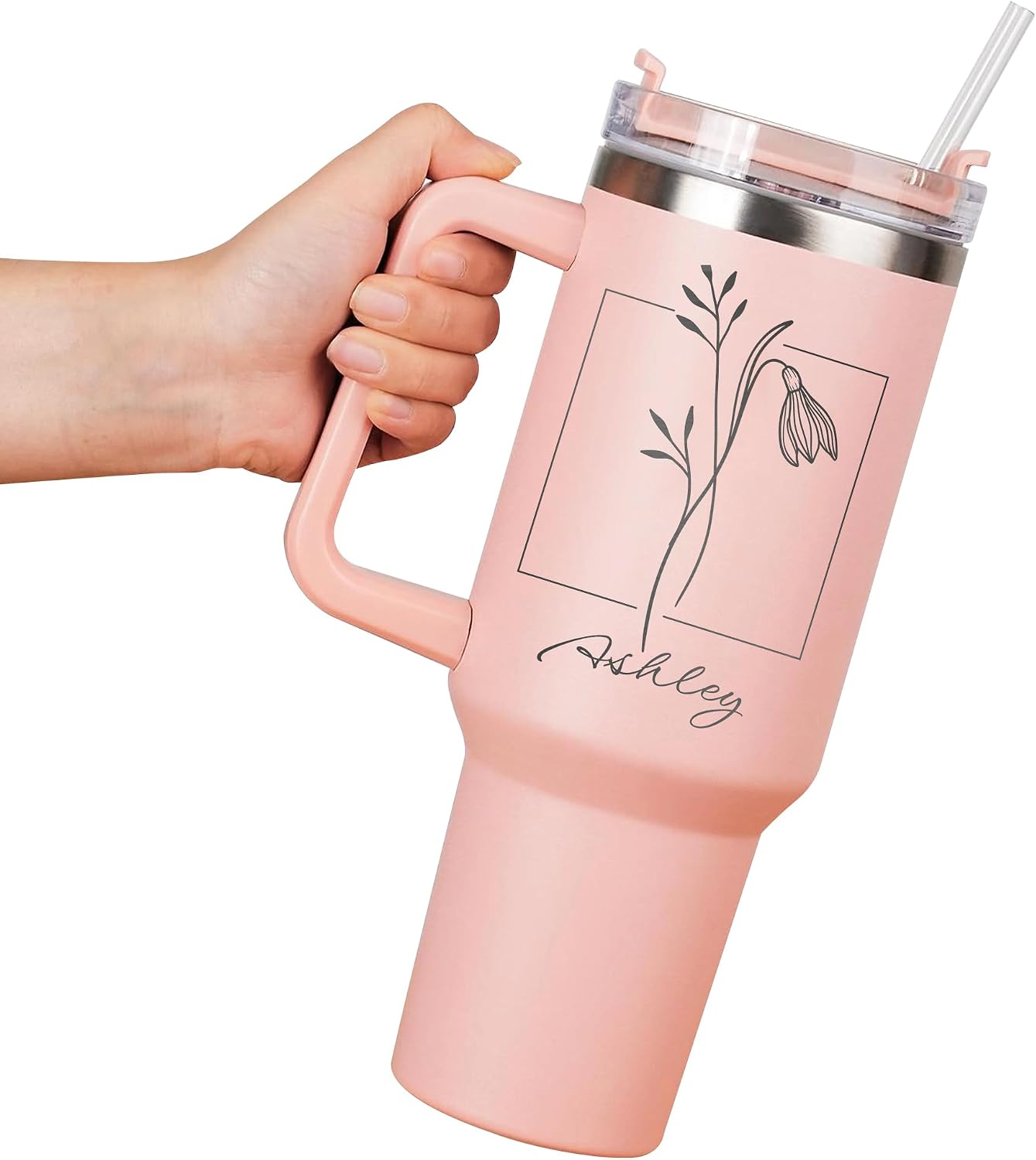 Birth Month Flower Personalized Tumbler 40 oz Laser Engraved, Insulated Cup with Handle, Lid and Straw, Stainless Steel Large Vacuum Insulated - Custom Gift for Bridal Party, Birthday