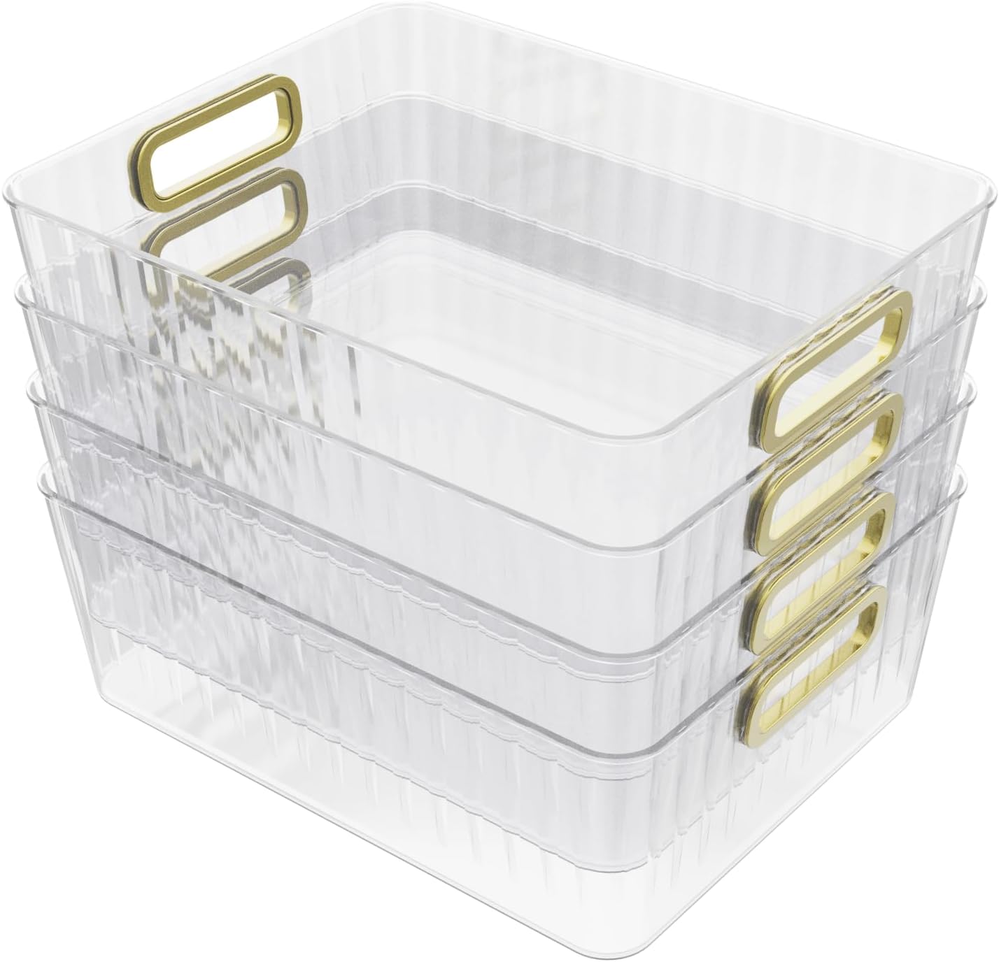 4 Packs Clear Plastic Storage Bins, Pantry, Home, Kitchen, Office, Cabinet, Shelf and Fridge Organizer Basket Bin with Handle