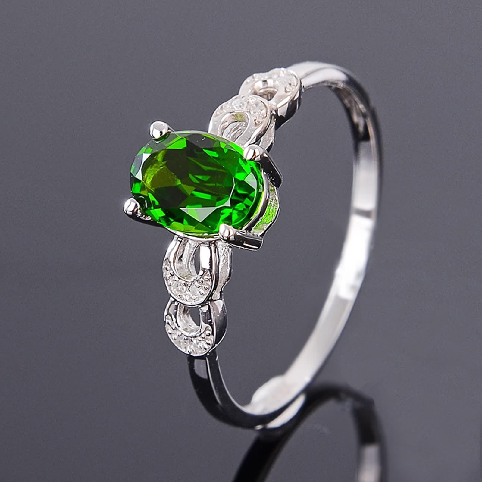 Anillo de oro blanco, anillo de compromiso para mujer, color plateado, verde, ovalado, diópsido hueco, ajuste cómodo