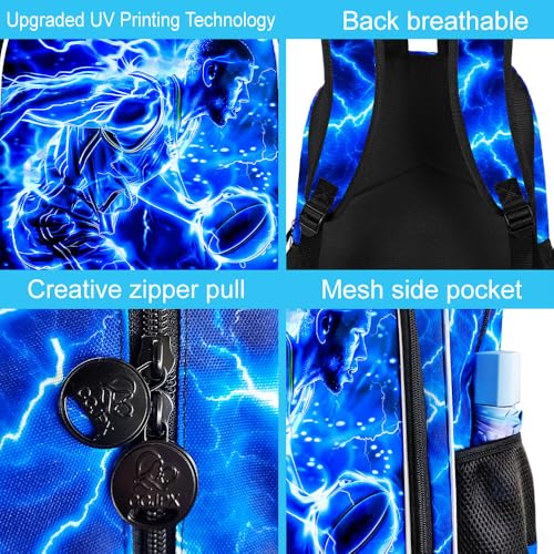 Image of 17 inch Basketball Backpack for Boy, 3Pcs Lightning Bookbag for Elementary Preschool Kindergarten, Kids School Backpacks with Lunch Box (Blue)