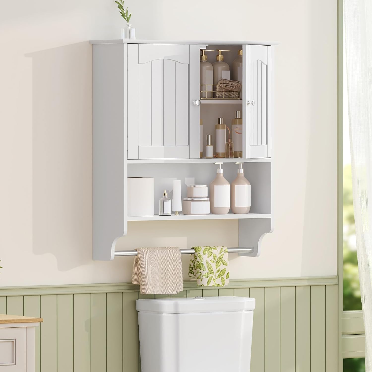 Iwell Bathroom Wall Cabinet, Over The Toilet Storage Cabinet with Towel Rack & Adjustable Shelf, Medicine Cabinet for Bathroom, White