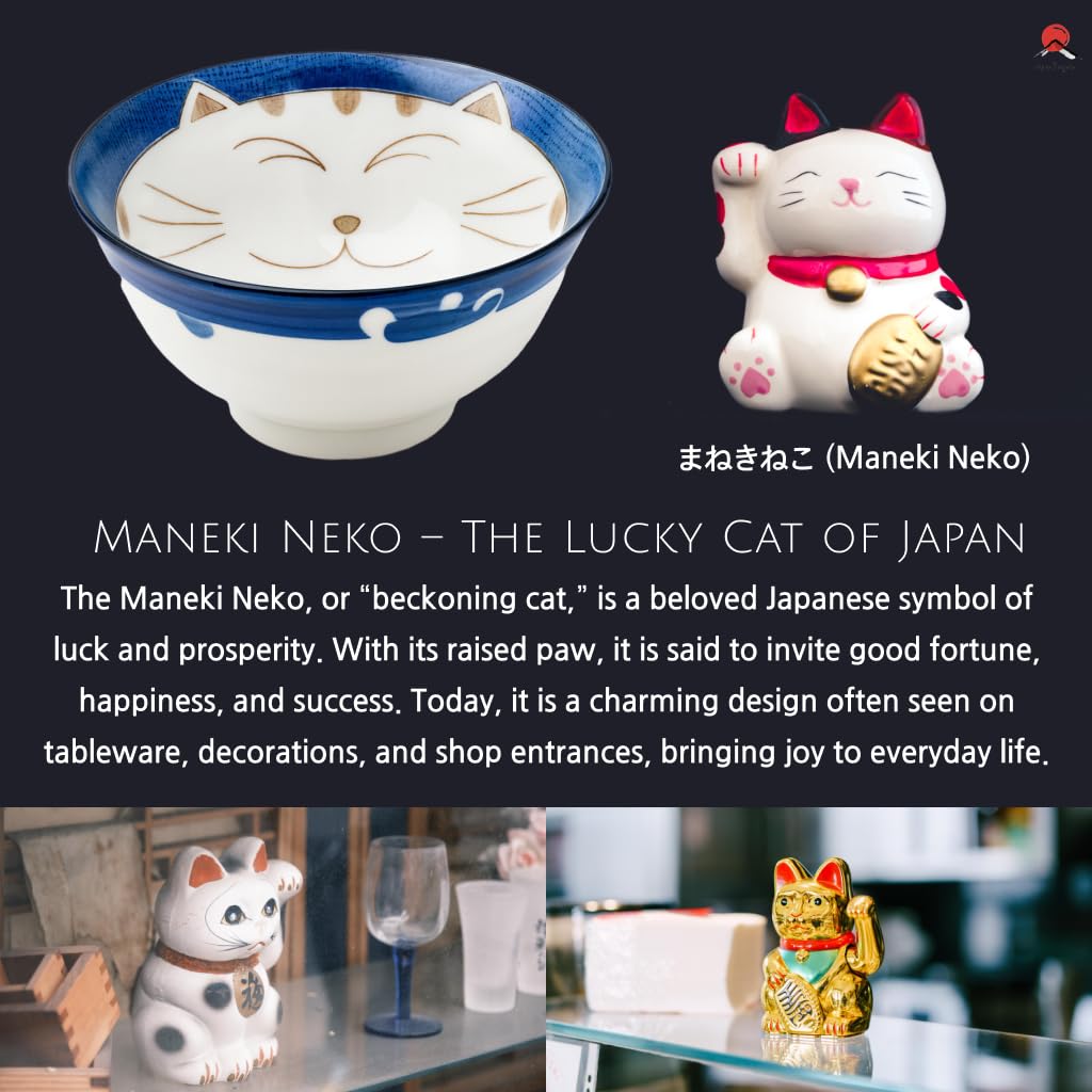 JapanBargain, Bol japonais en porcelaine - Bol à riz - Bol à soupe - Fabriqué au Japon - Motif chat souriant Maneki Neko (2, 15,9 cm)