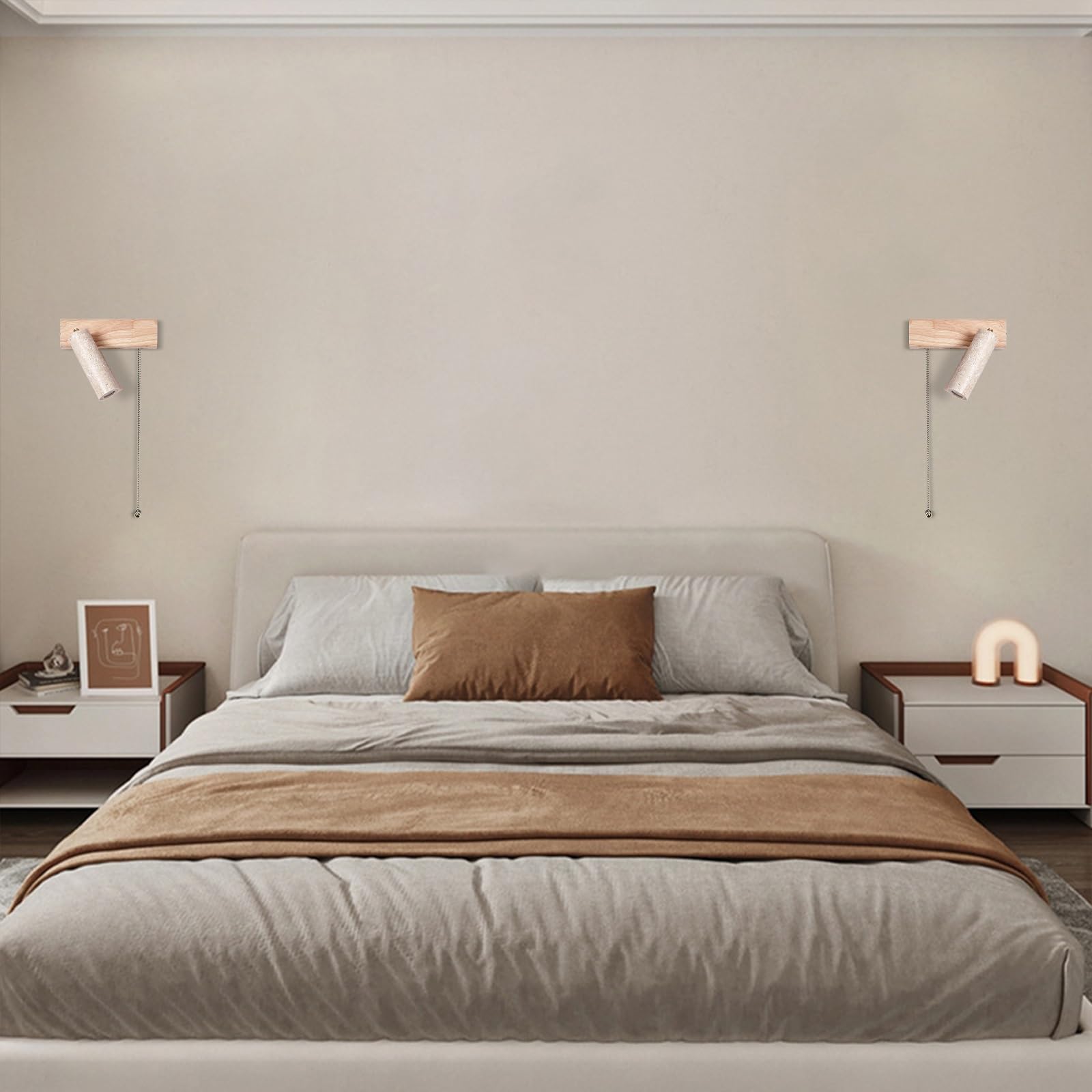 Nowoczesna lampa ścienna LED z kamienia, lampka nocna do czytania, żółty kinkiet z trawertynu z przełącznikiem pociąganym i drewnianą podstawą, regulowane(Walnut color,Left)
