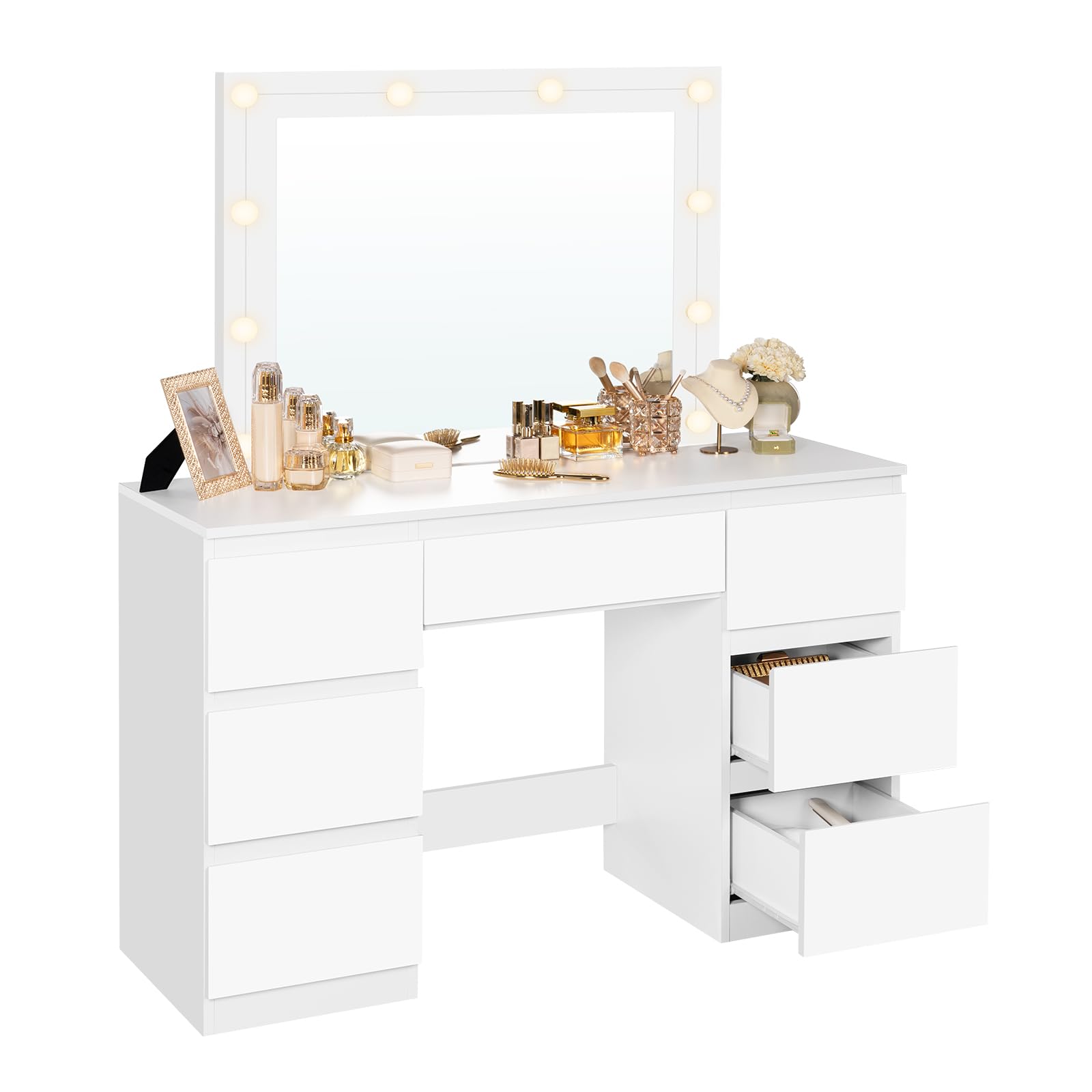 WOLTU Grande toeletta da trucco, Toeletta con Specchio e Luci, Tavolo da trucco con specchio, Postazione Trucco con 7 cassetti per Camera da Letto, bianco, 107 cm