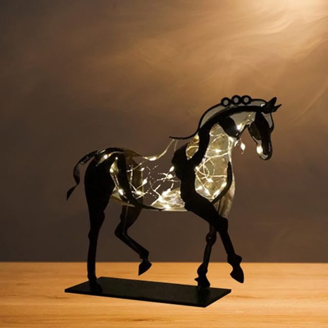YEEWA Metal Horse Statue, Adonis 3D Handmade Openwork Horse Ornament, Modern Horse Craft Statue, Equestrian Rider Gift, for Home Bookshelf Office Desk Decoration (With Light)