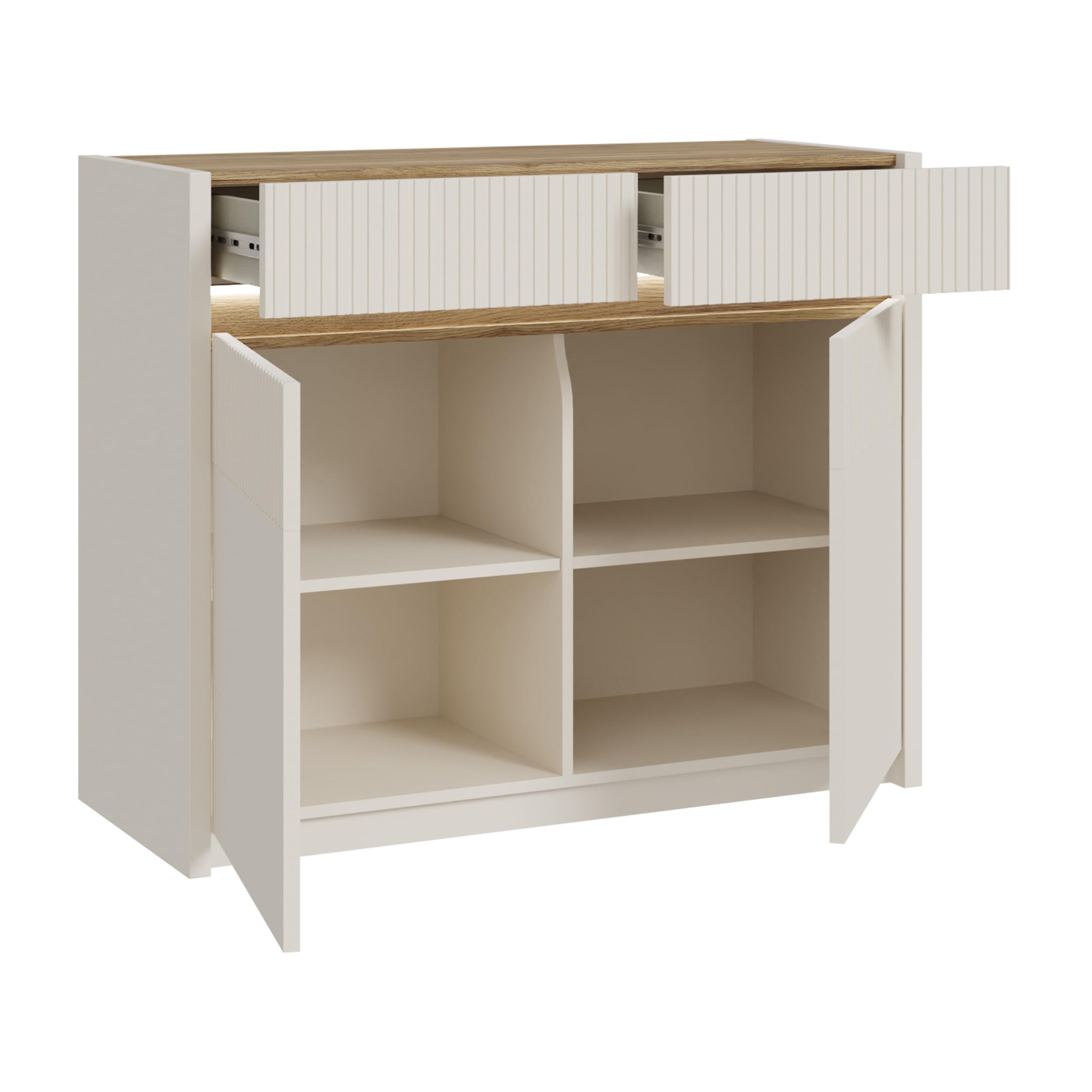 Forte Oak SQUERE Sideboard 100 105, Elegantes Sideboard mit 2 Türen, Beleuchtung und Lamellendesign, Holzwerkstoff, Mauvella Eiche Holzdekor/Sand, 105,3 cm breit x 85,9 cm hoch x 41,5 cm tief