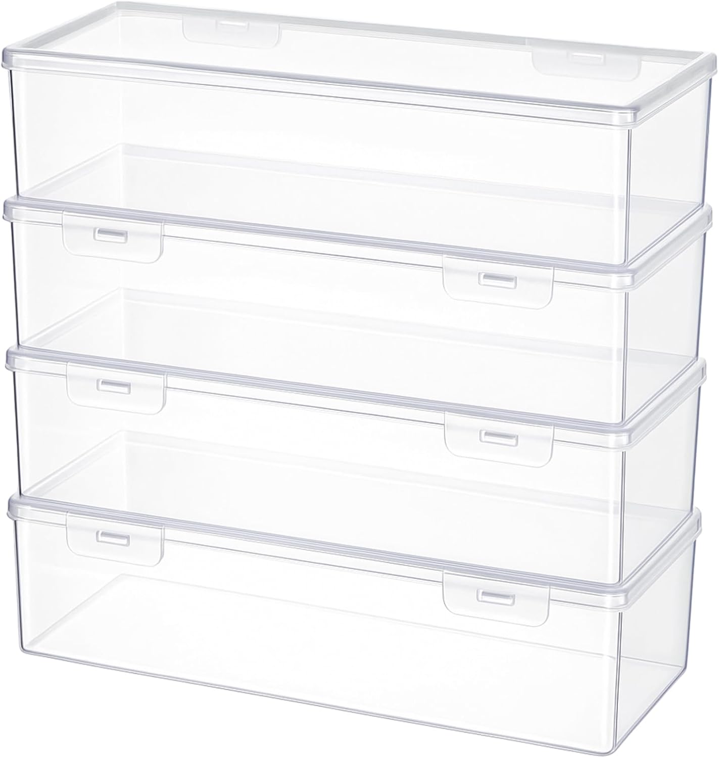 4 Pack Clear Craft and Art Supply Storage Organizer with Lid 11.8 x 4 x 2.8 Inch Plastic Deep Strips Storage Container Stackable Organizer Box for Makeup Paint Brush Cabinets Holds Food Pen Tools