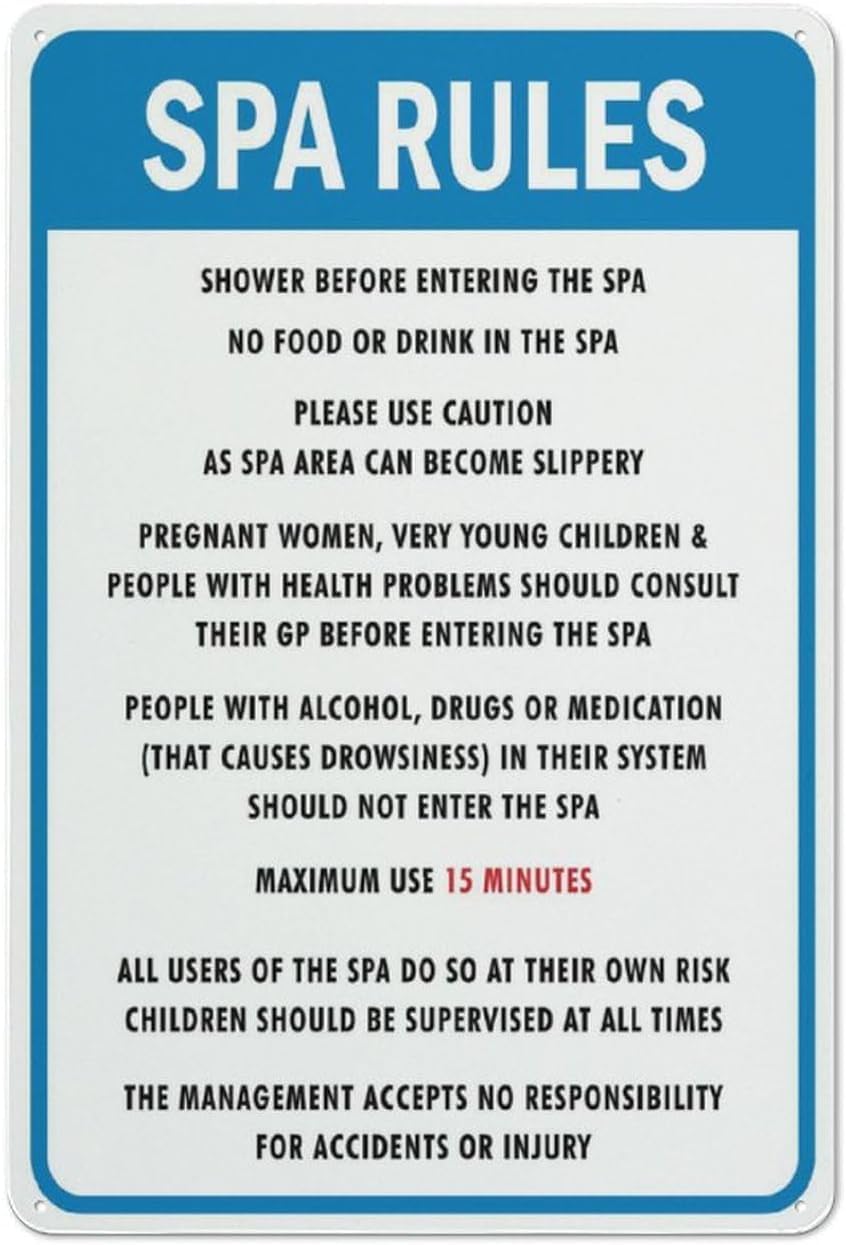 Spa Rules Rust Free Aluminum Tin Sign - Decor with Pre-Drilled Holes for Home Garden, Yard, Home Spa Area - 12x16 Inch​